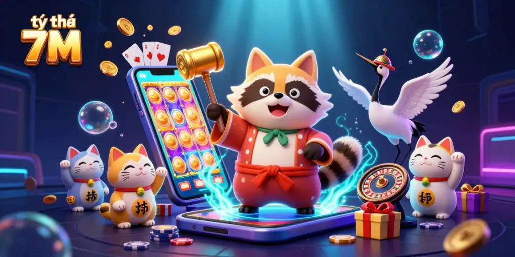 Experience the excitement of tỷ lệ 7M with this colorful illustration featuring a cheerful tanuki and casino elements.