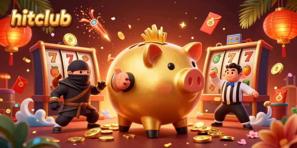 hitclub casino scene featuring a golden piggy bank sumo wrestler amid slot reels and festive elements for a vibrant gaming atmosphere