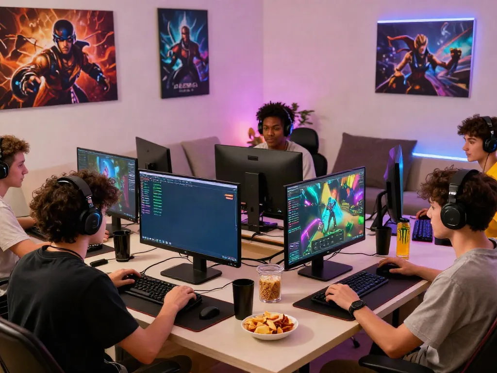 Dynamic online gaming session featuring players enjoying cổng game hitclub with colorful graphics and modern setups.