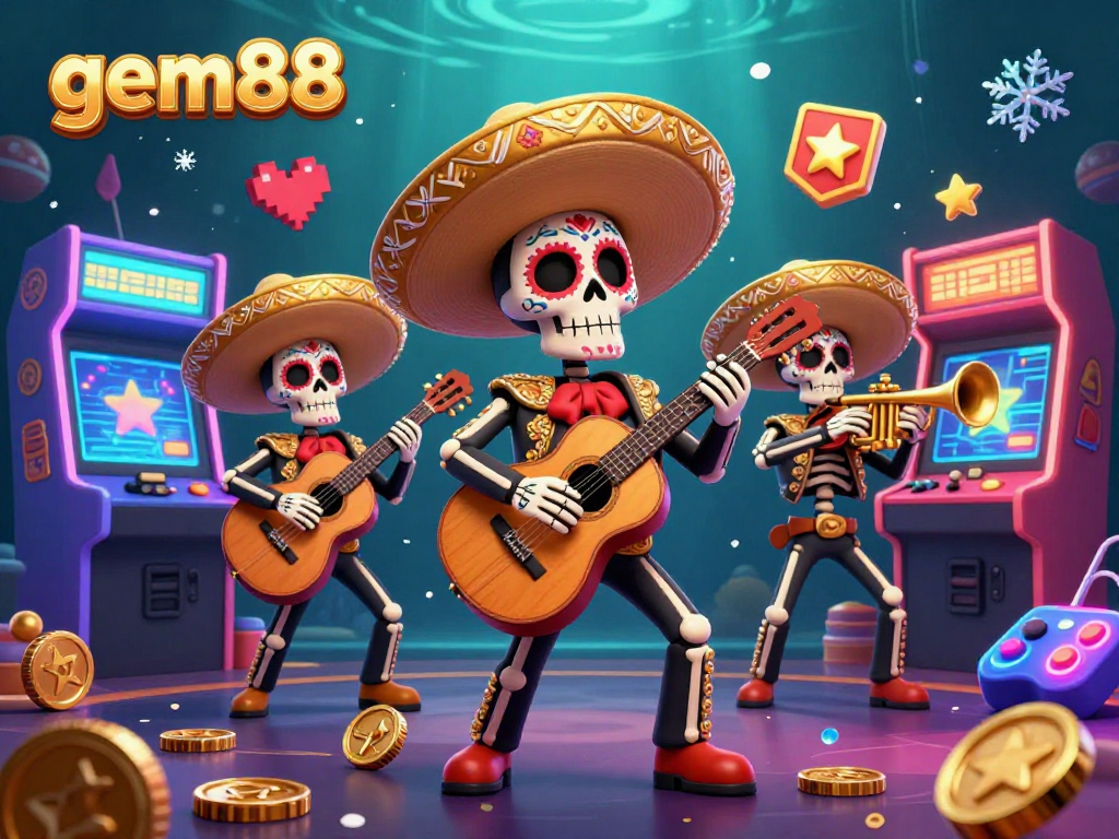 Capture exhilarating game moments at gem88 with festive mariachi skeletons in an immersive casino setup.
