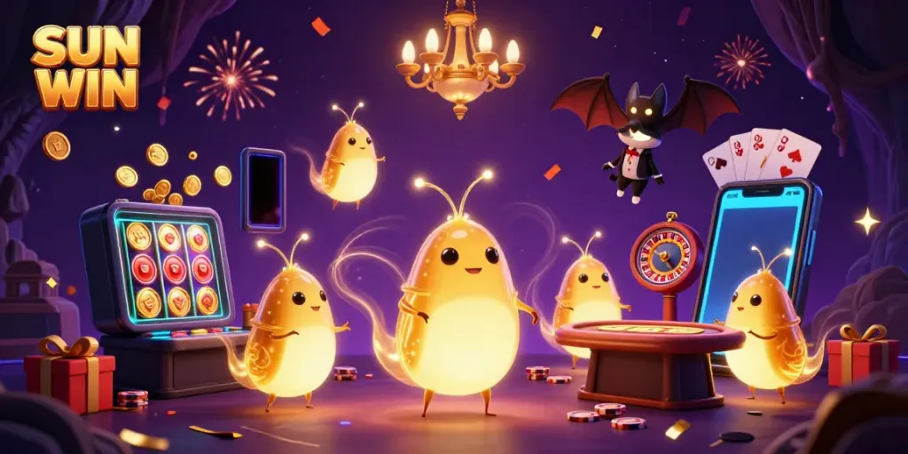 Experience the excitement of SUN WIN with unique glowworm characters illuminating a vibrant casino scene.