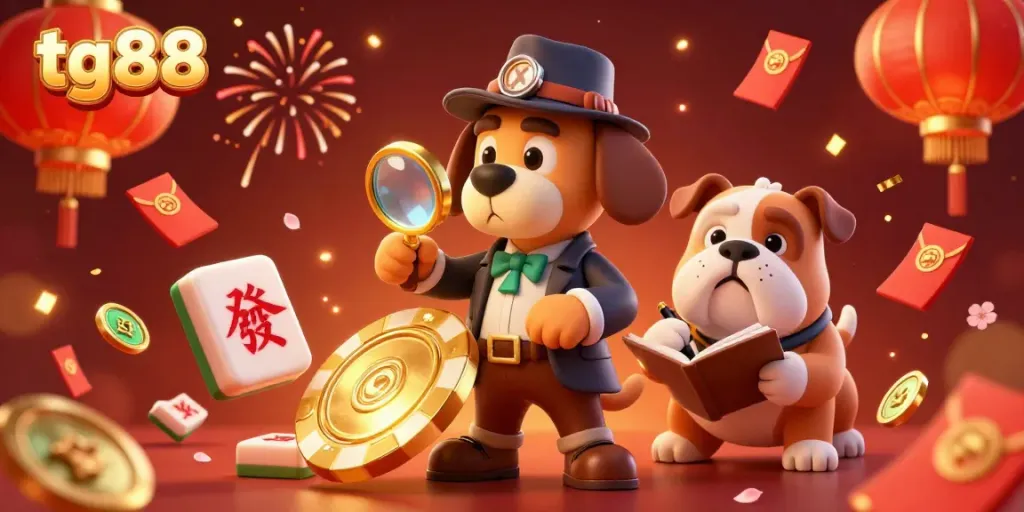 Experience thrilling gameplay with tg88's detective duo uncovering treasures among floating casino tiles and colorful decorations.