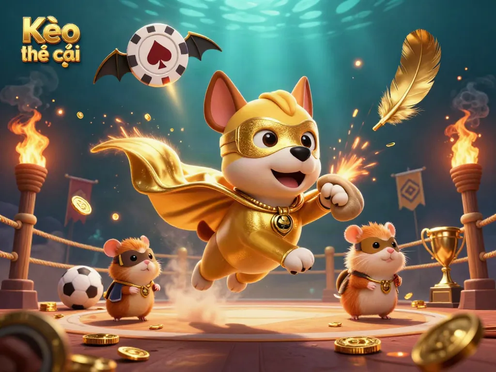 Experience thrilling Kèo nhà cái action with a superhero dog and hamster in a casino scene.