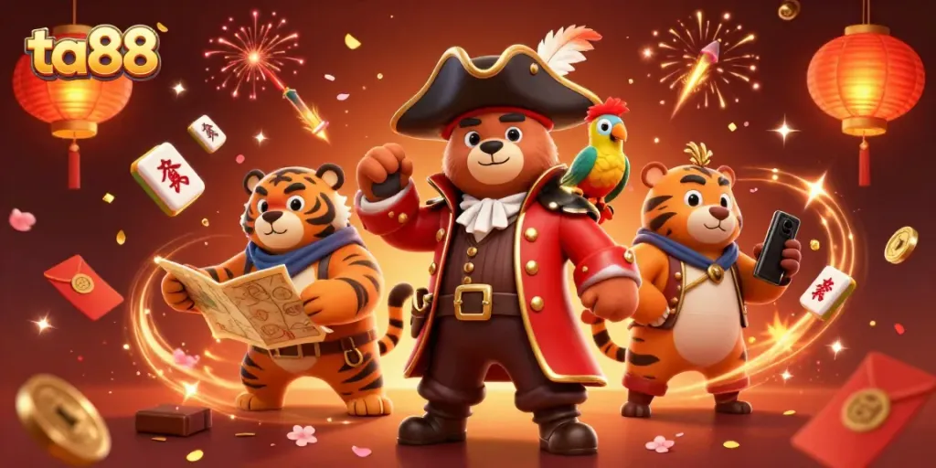 Engage in thrilling gameplay with ta88, featuring a colorful pirate scene filled with casino elements.