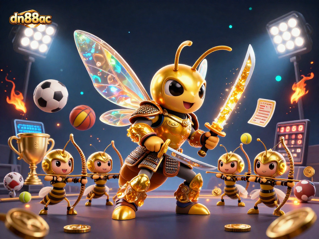 Experience thrilling sports betting with dn88ac in this dynamic 3D illustration featuring a golden hornet and sports elements.