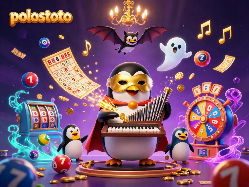 Experience the thrills of polostoto with a vivid 3D casino scene featuring a penguin organist and dynamic game elements.