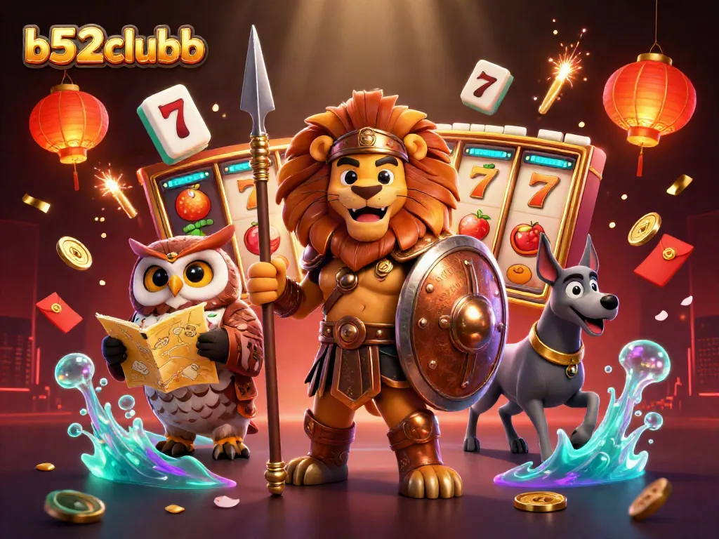 b52clubb exudes excitement with a lion heroically posed amid slot reels, fireworks, and glistening coins.