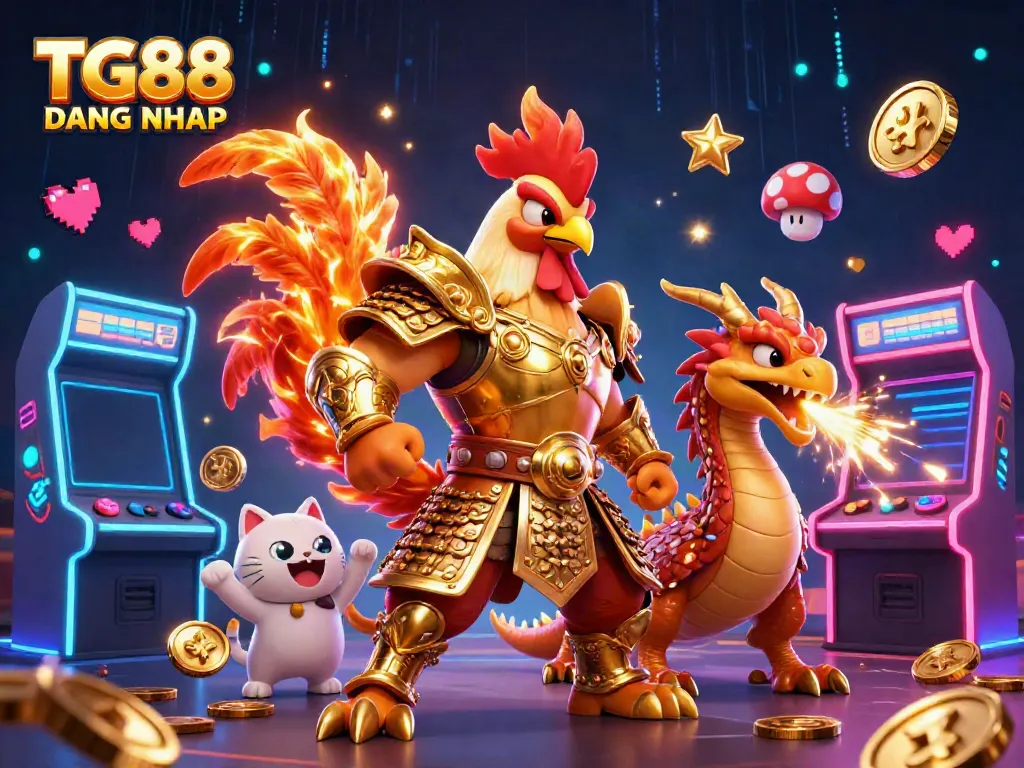 Join the action at TG88 DANG NHAP with a dazzling fighting rooster and dragon at a vibrant gaming scene.
