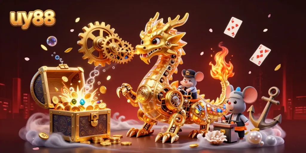 Experience thrilling gambling adventures at uy88 with a golden dragon in an underwater treasure landscape.