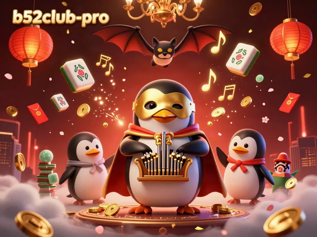 Experience excitement with b52club-pro as a penguin plays a golden organ surrounded by casino elements.