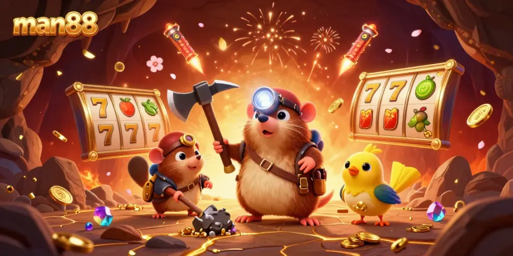 Experience thrilling slots at man88 with a treasure hunter and canary in a vibrant casino scene.