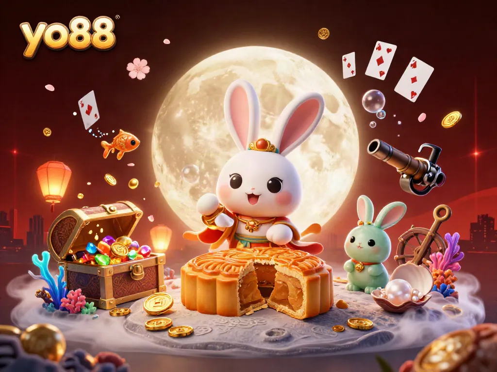 Experience thrilling gaming with yo88, illustrated with a cartoon moon rabbit and poker chips.