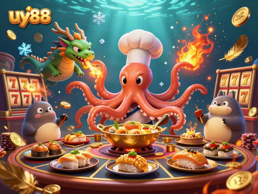 Experience the thrill of uy88 with vibrant casino elements featuring an octopus chef, a magical dragon, and a tanuki.