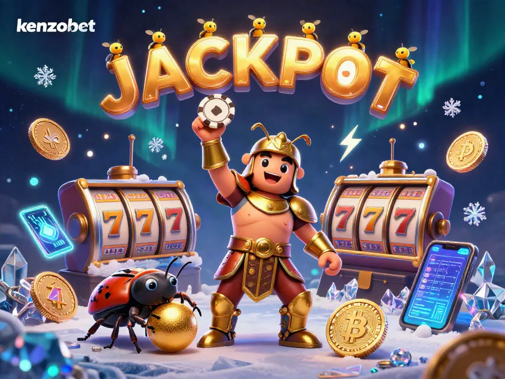 Experience kenzobet excitement with a victorious beetle hero and jackpot elements in this vibrant casino illustration.