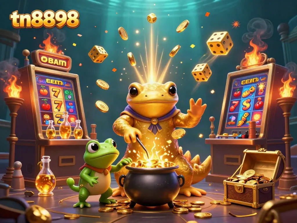 Experience tn8898 with a vibrant casino scene showcasing a golden salamander alchemist and treasure.