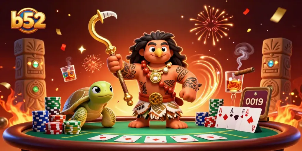 Play poker in style with the b52 themed illustration showcasing vibrant characters and lively gaming elements.