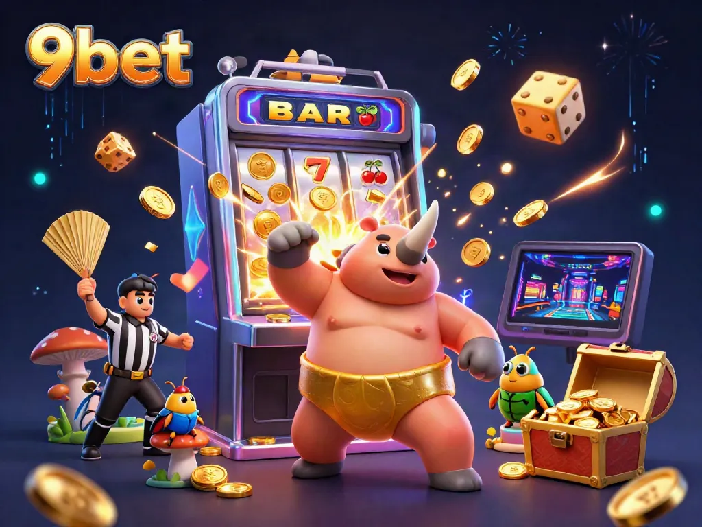 Experience the thrills of 9bet casino with a dynamic 3D illustration of a beetle sumo champion amidst golden coins.