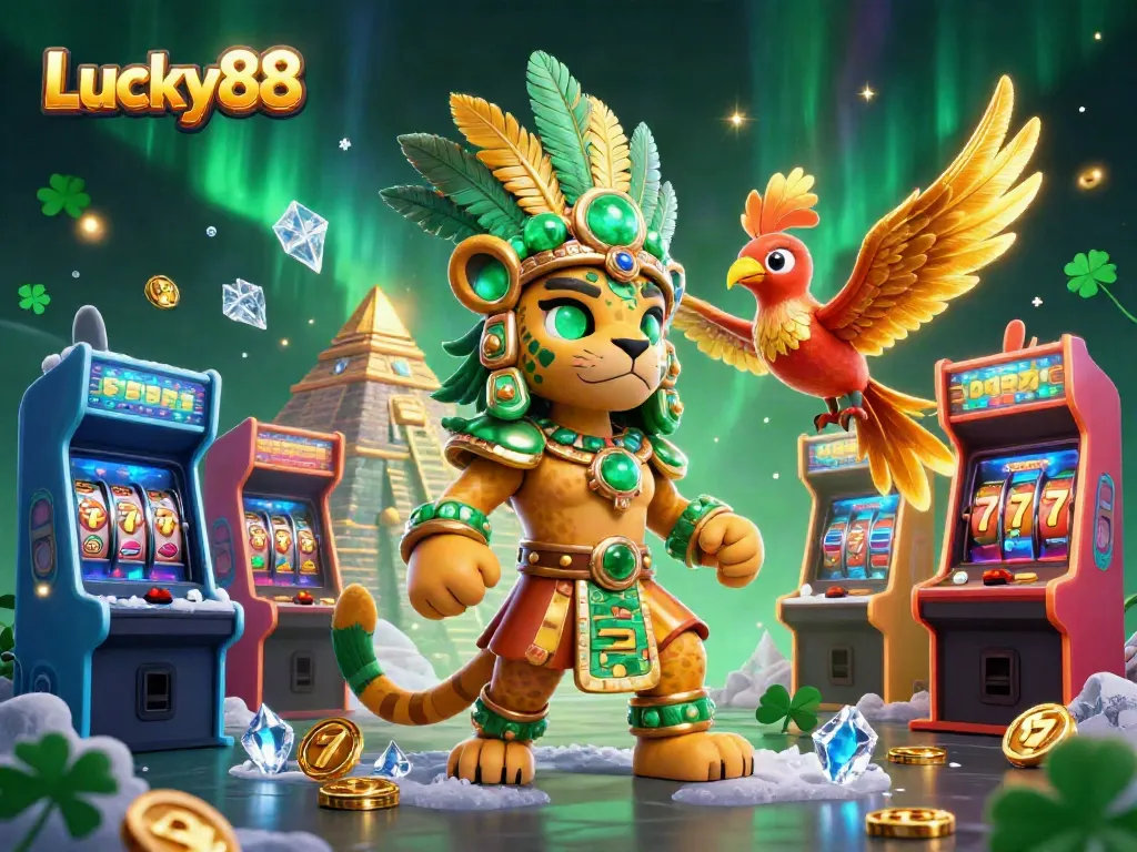 Experience the vibrant world of Lucky88 with a Mayan priest, quetzal bird, and casino games in this dynamic 3D illustration.