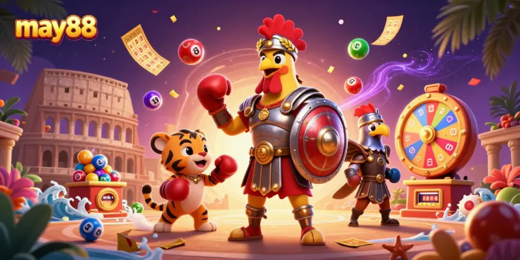 Engaging may88 gaming scene featuring a rooster in armor and lottery elements.