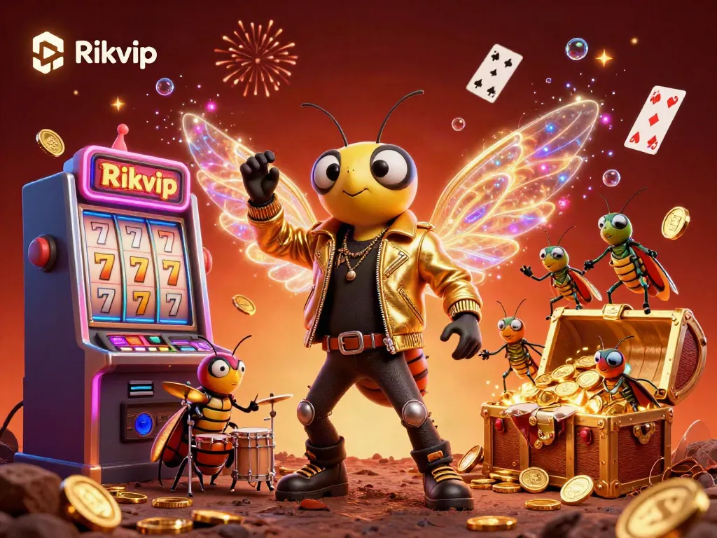 Engage with the Rikvip casino experience showcasing cartoon characters surrounded by slot machines and shimmering coins.