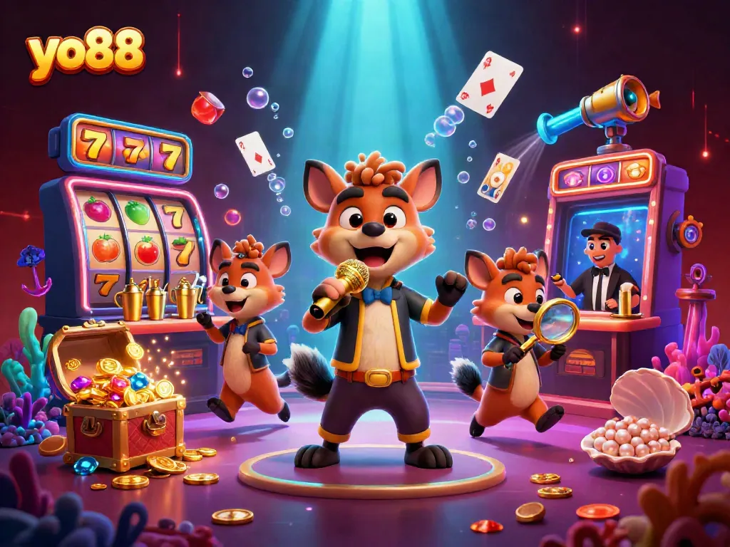 Engage with exciting slots and jackpot action at yo88's vibrant casino scene with lively hyena characters.