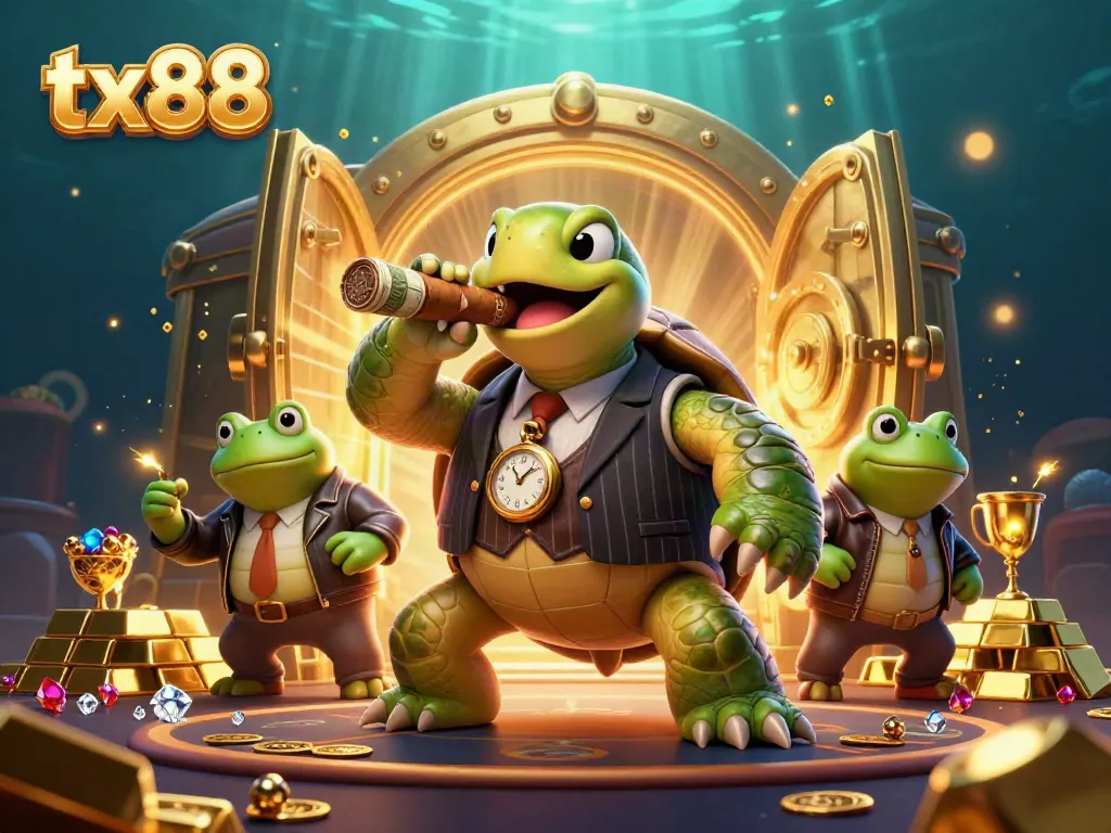 Experience the thrill of tx88 gaming with dynamic characters celebrating around shining treasures.