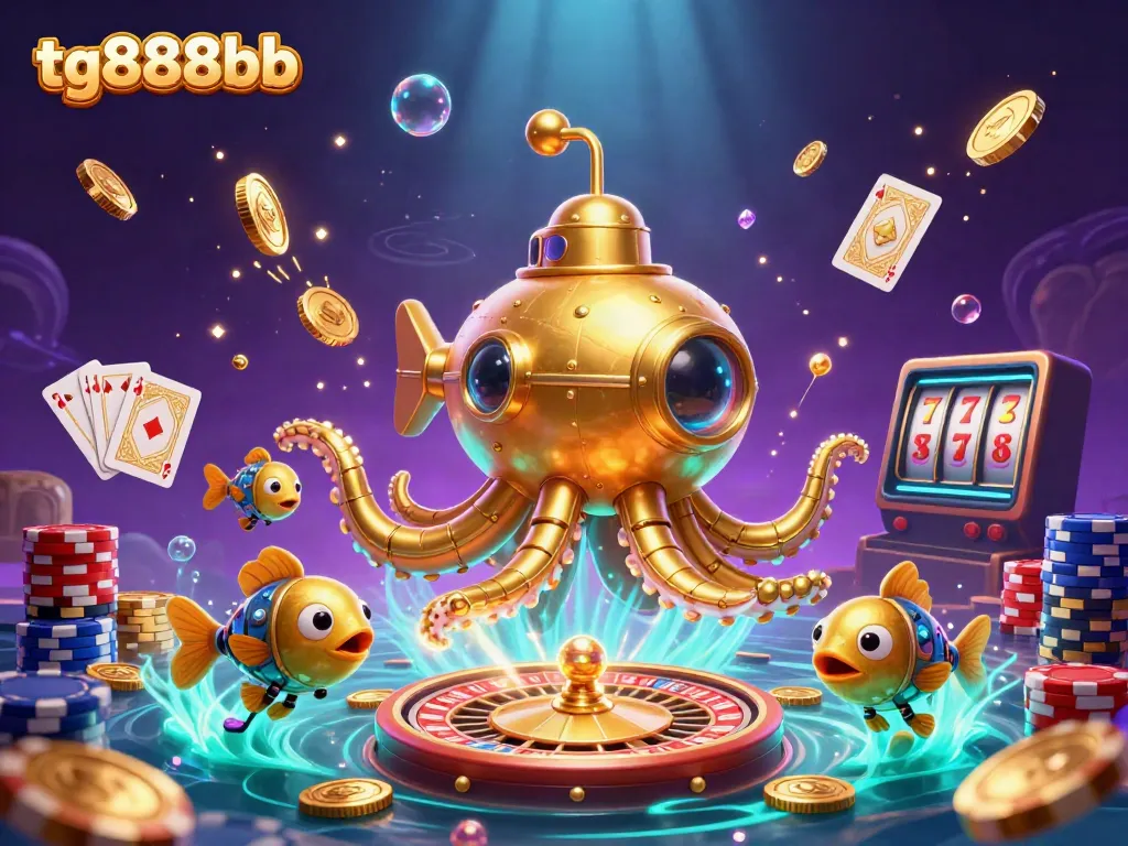 Experience the thrill of tg888bb with a vibrant 3D illustration of captivating games and treasures.