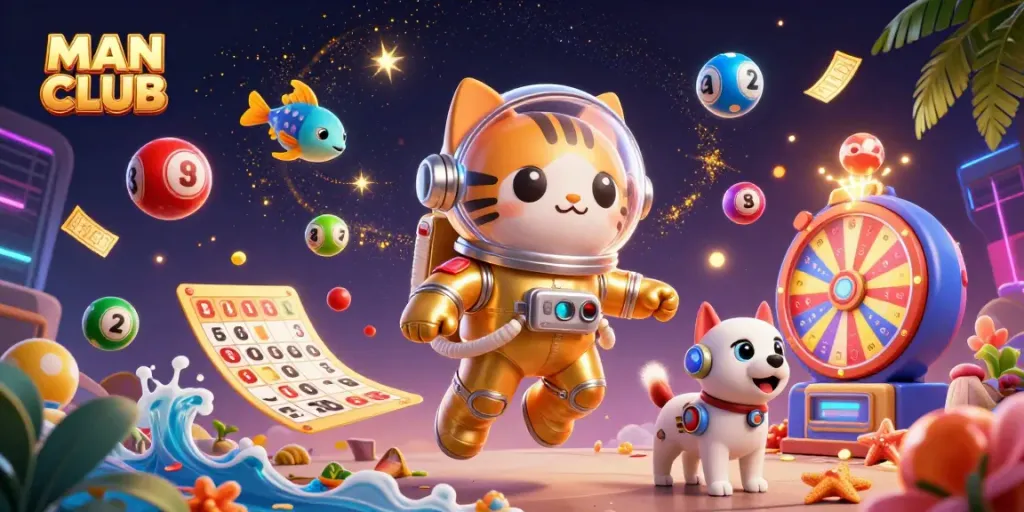 Experience the thrill of MAN CLUB with a festive scene of vibrant lotteries and dynamic characters.