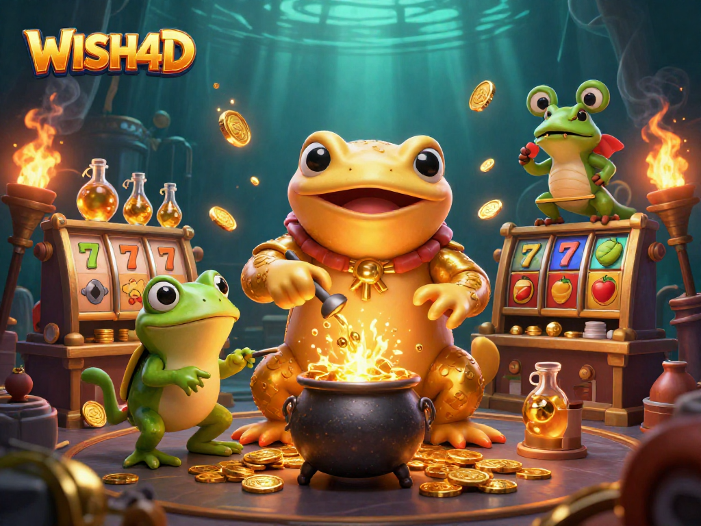 Engage with WISH4D through dynamic casino magic featuring golden alchemists and slot symbols.