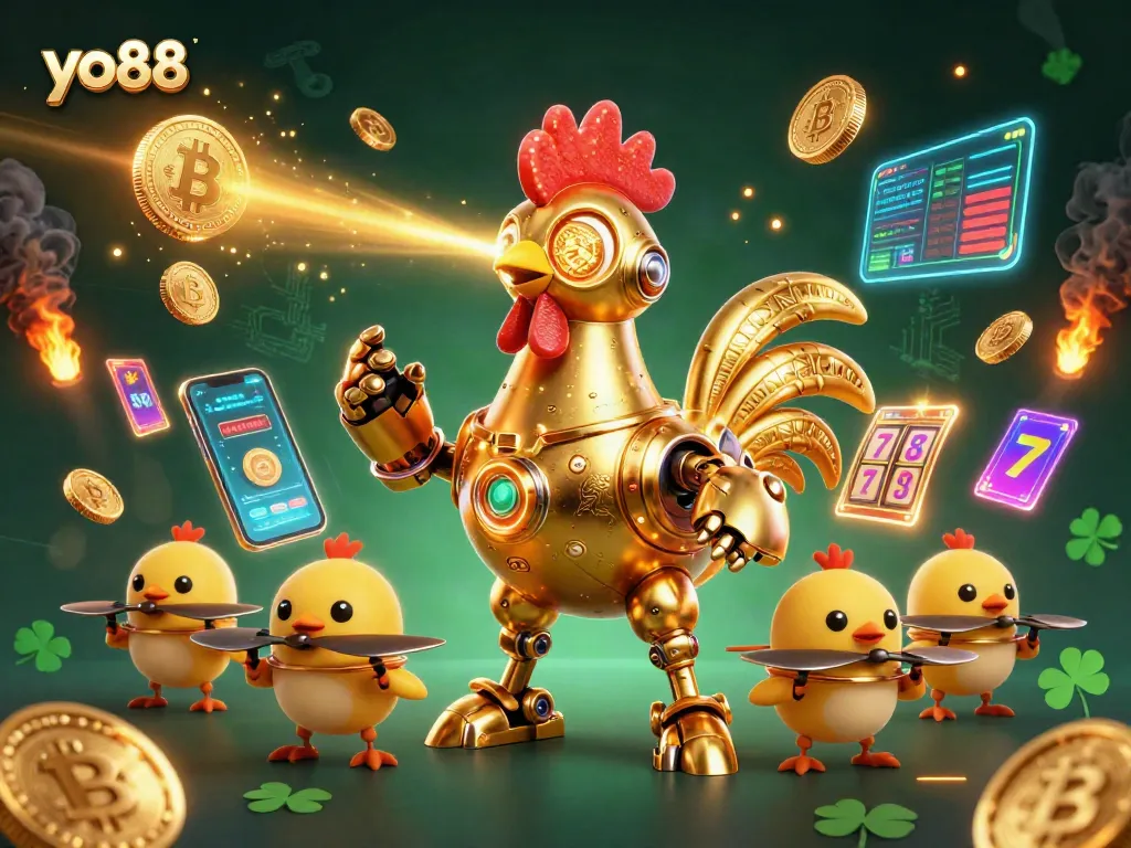Engage in thrilling gameplay with yo88 featuring robotic characters in a vibrant casino scene filled with crypto coins.