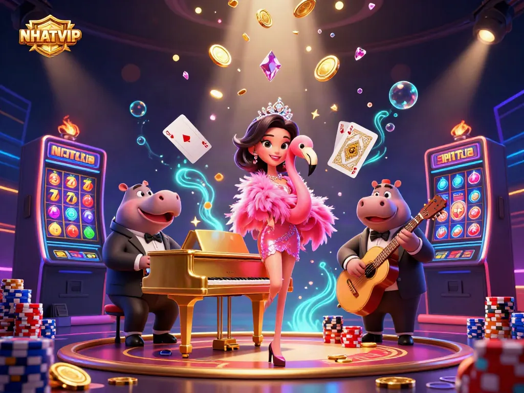 Spin the slots with NHATVIP featuring a lively flamingo singer, dynamic poker chips, and cascading gems!