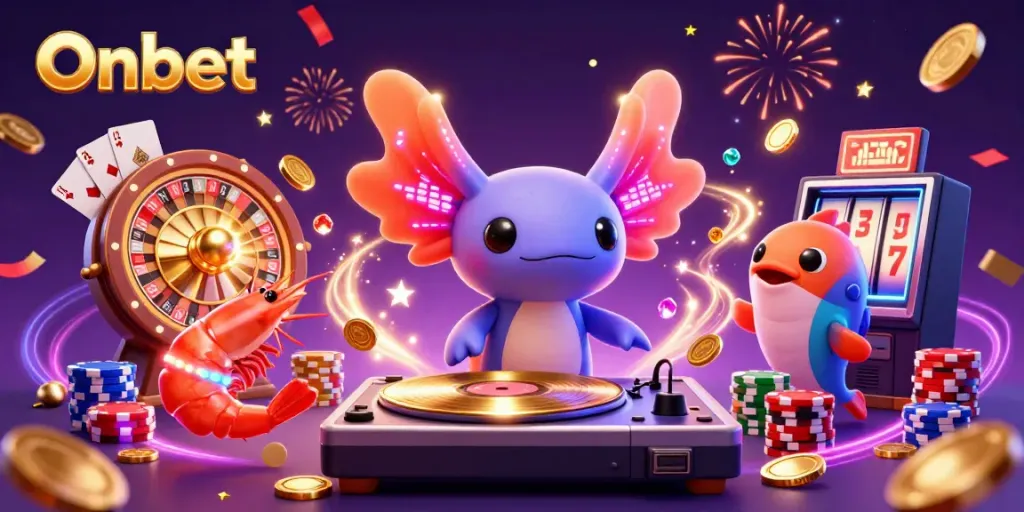 Engage in the exciting world of Onbet's vibrant casino with an underwater DJ party featuring a neon axolotl and shrimp dancers.