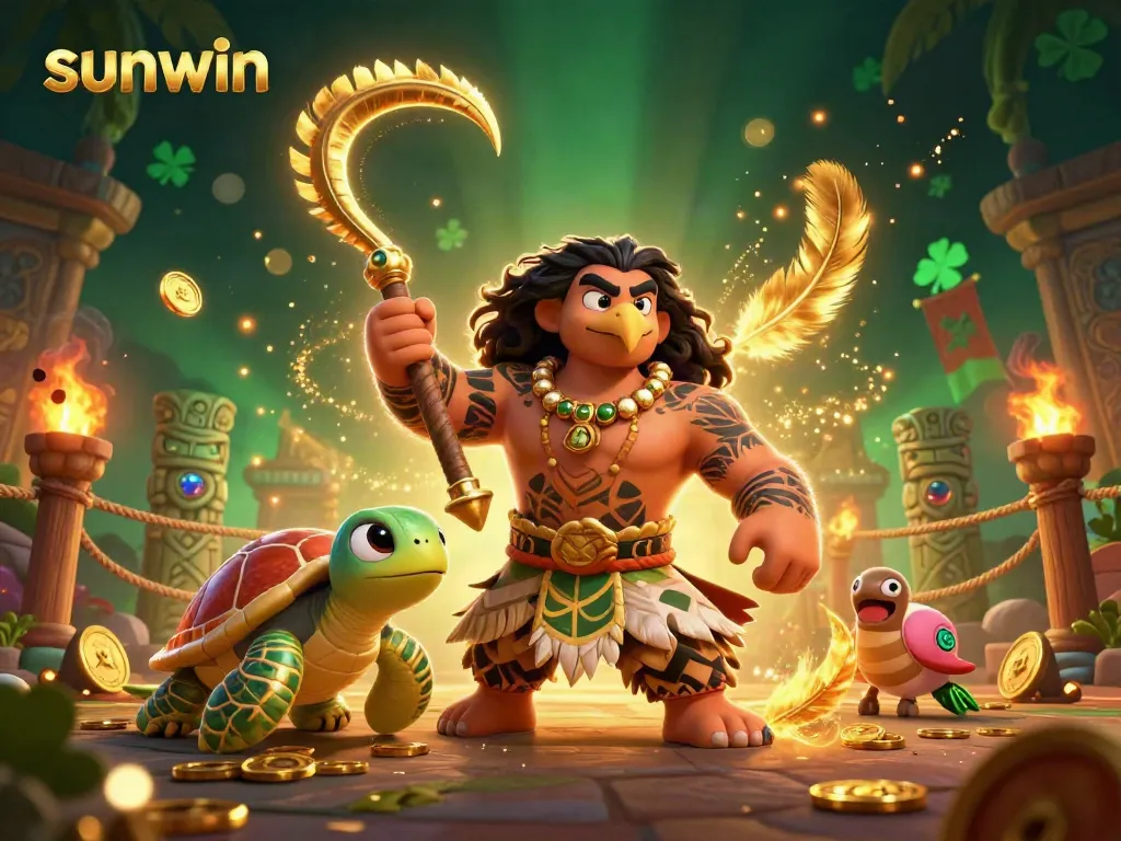 Experience thrilling gameplay with sunwin's captivating Hawaiian-themed demigod and turtle in a vibrant casino setting.