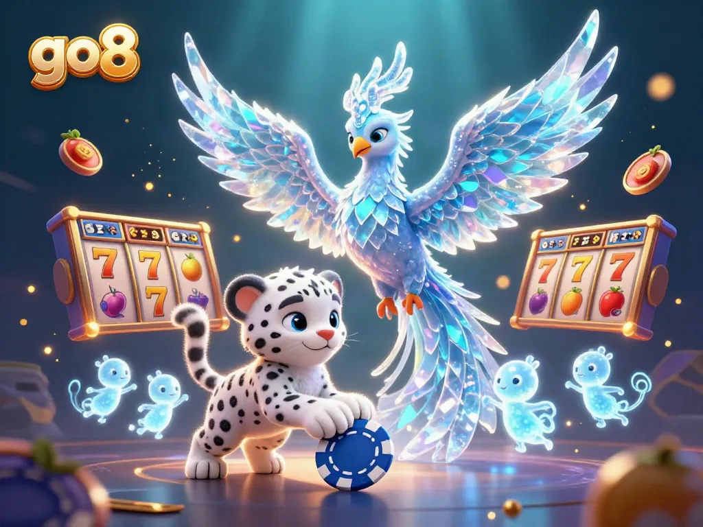 Engage with exciting go8 gaming opportunities in a vibrant slot scene featuring a crystal-winged phoenix and playful ice sprites.