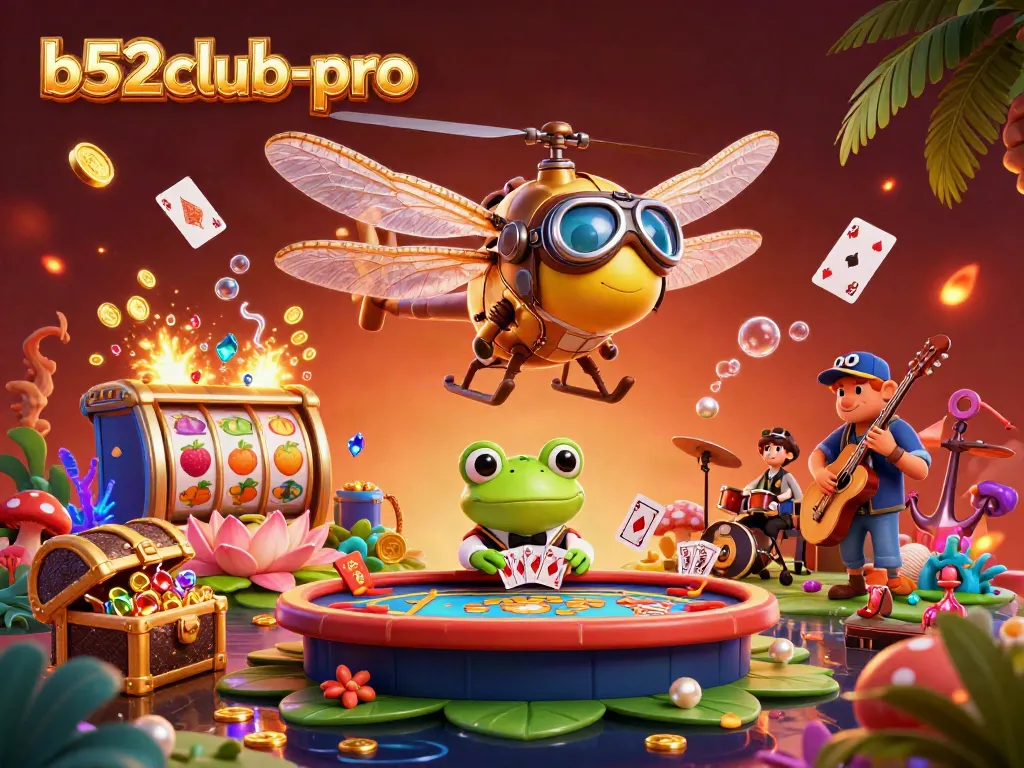 Experience thrilling gaming at b52club-pro with a dragonfly pilot, frog dealer, and vibrant slot elements.