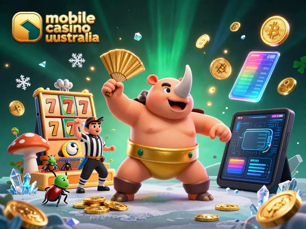 Experience the excitement of mobile casino australia as a beetle champion stomps coins amid vibrant gaming elements.