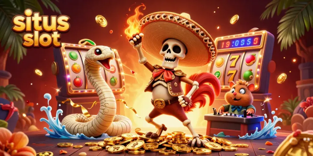 Engage with exciting situs slot action featuring a dynamic scene of a dancing mariachi rooster and friends amidst vibrant jackpots.