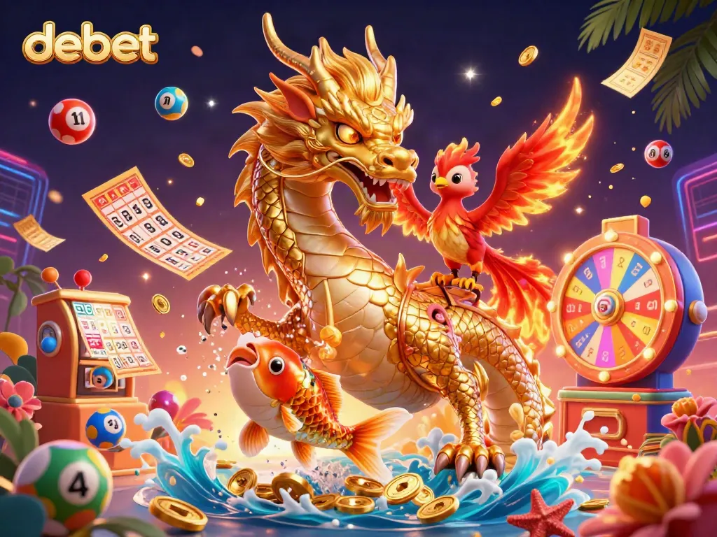 Experience thrilling action with Debet's vibrant casino scene featuring a golden dragon, phoenix, and koi fish.