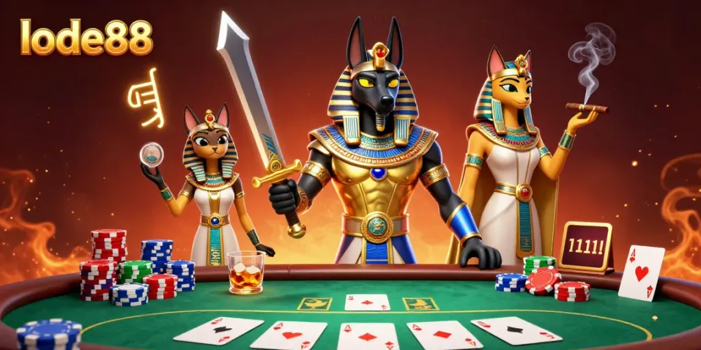 Experience the thrilling poker atmosphere with lode88, showcasing Anubis and Bastet amidst vibrant game elements.