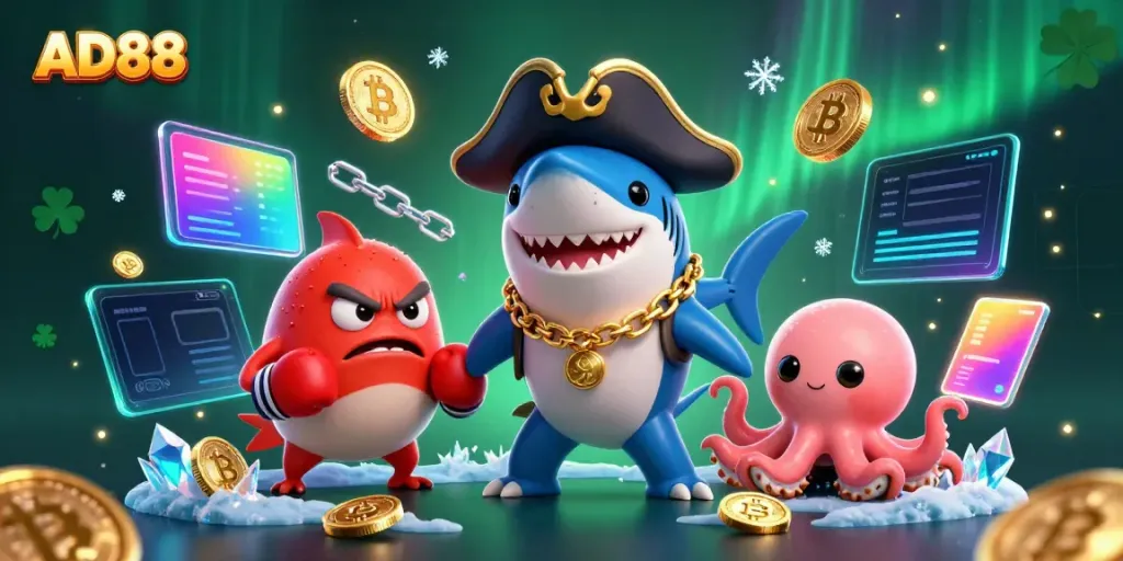 Join the adventure at AD88 with a whimsical 3D cartoon pirate shark and friends amidst vibrant casino elements.