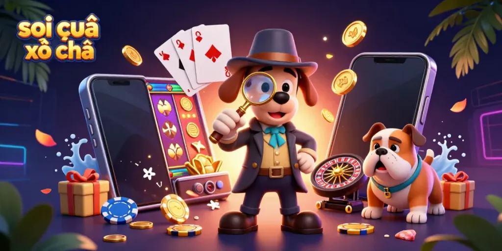 Engaging scene with soi cầu xổ số featuring a detective bloodhound exploring clues and casino elements, emphasizing lottery excitement.
