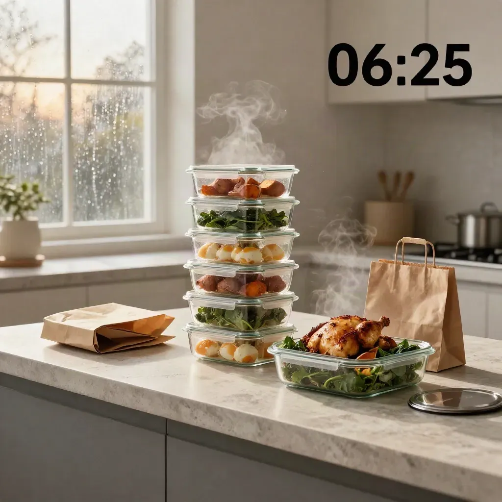 Wieża pojemników meal prep na kamiennej wyspie, z kurczakiem, batatami, jajkami i szpinakiem.