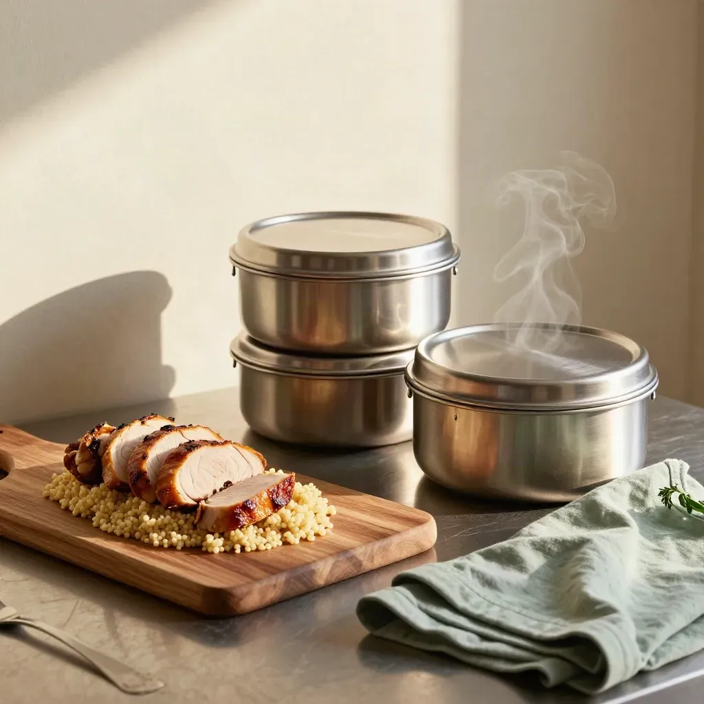 Trzy pudełka meal prep, kurczak z kuskusem i zielona koszulka treningowa na blacie