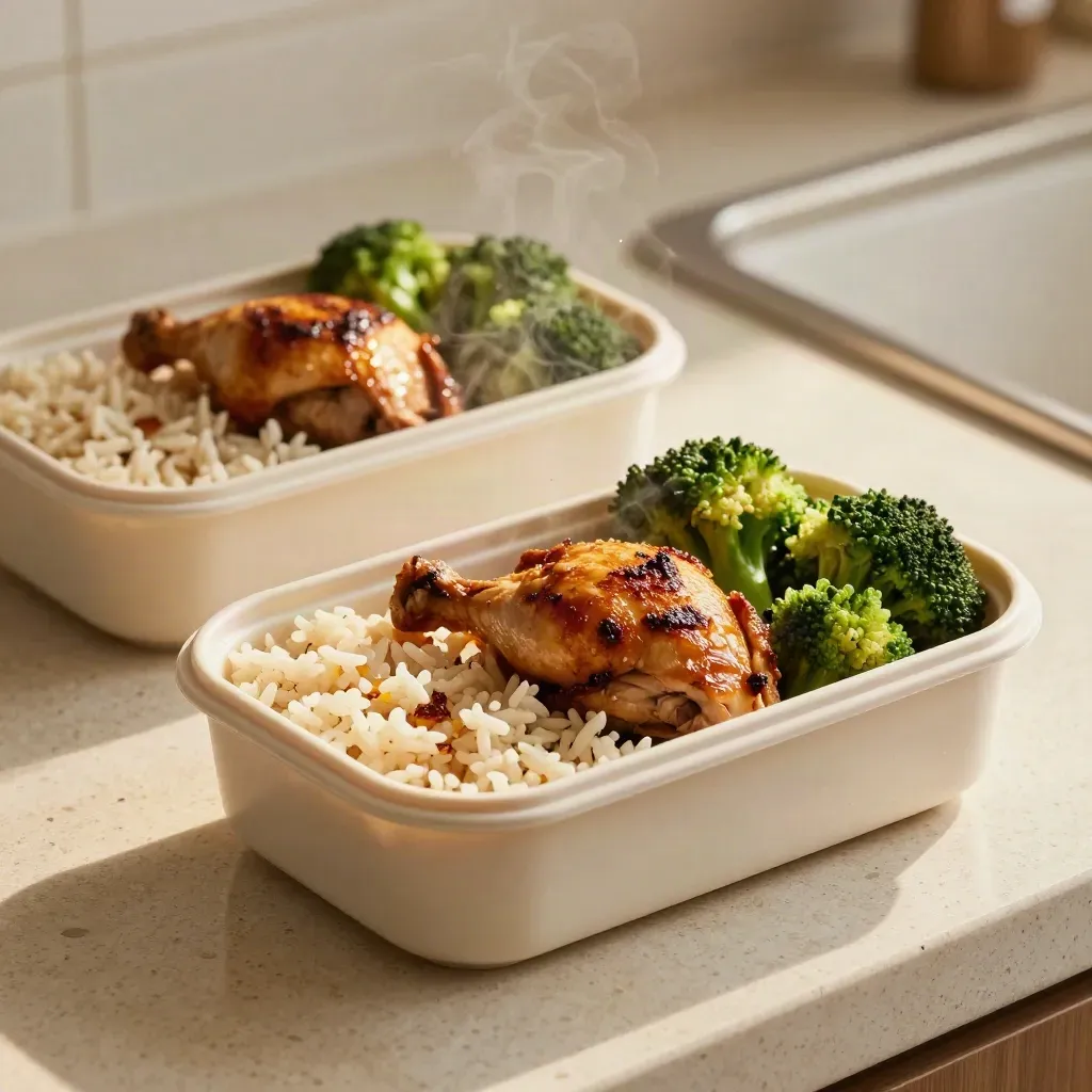 Dwa pojemniki z obiadem meal prep: kurczak, ryż i brokuły na jasnym blacie.