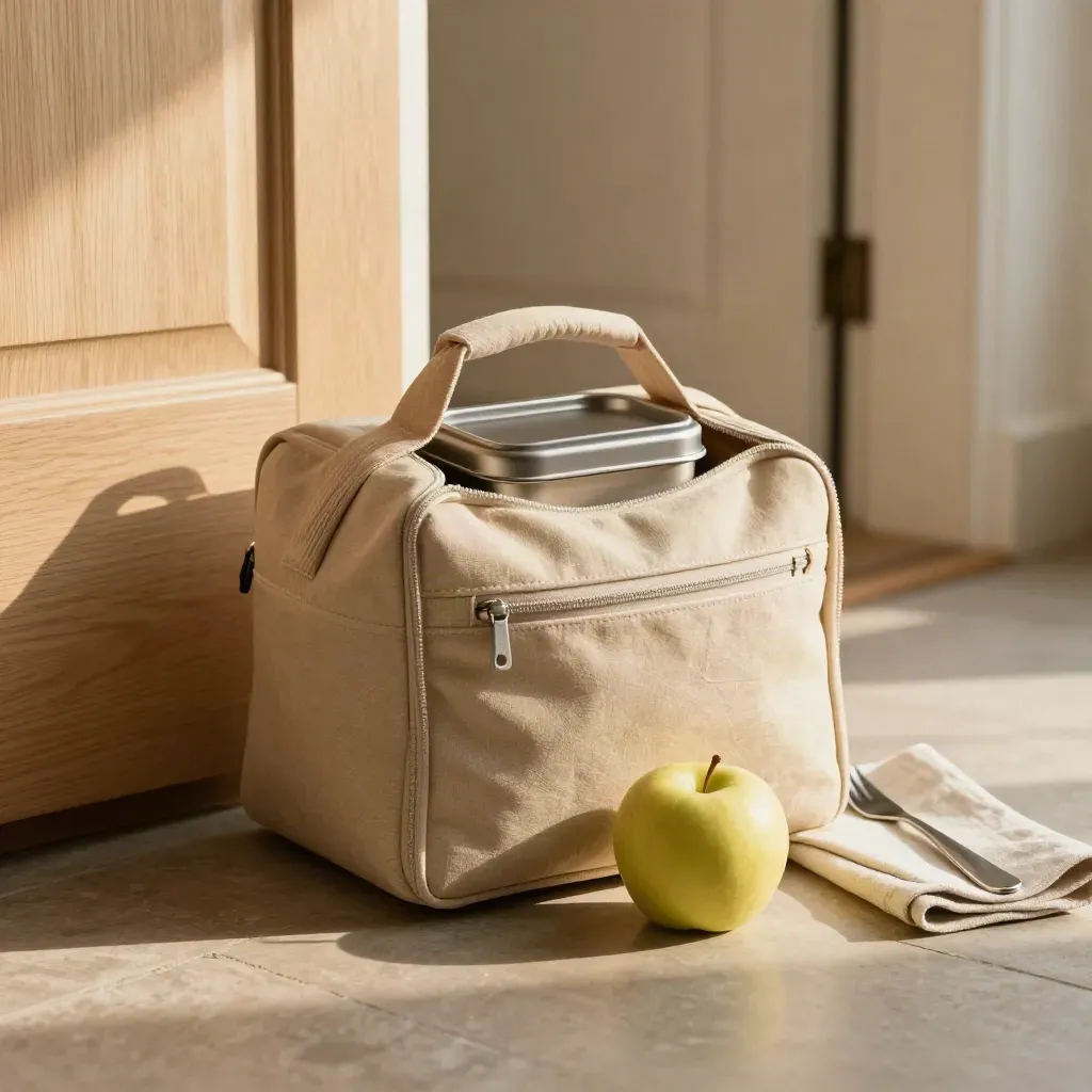 Lunchbox w torbie przy drzwiach, obok jabłko i poranny korytarz.
