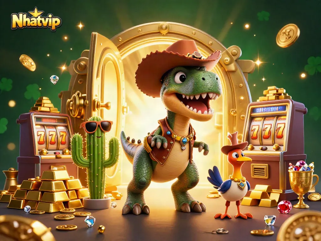 Nhatvip showcases an epic scene with a T-Rex cowboy and friends amid slot machines and treasure.
