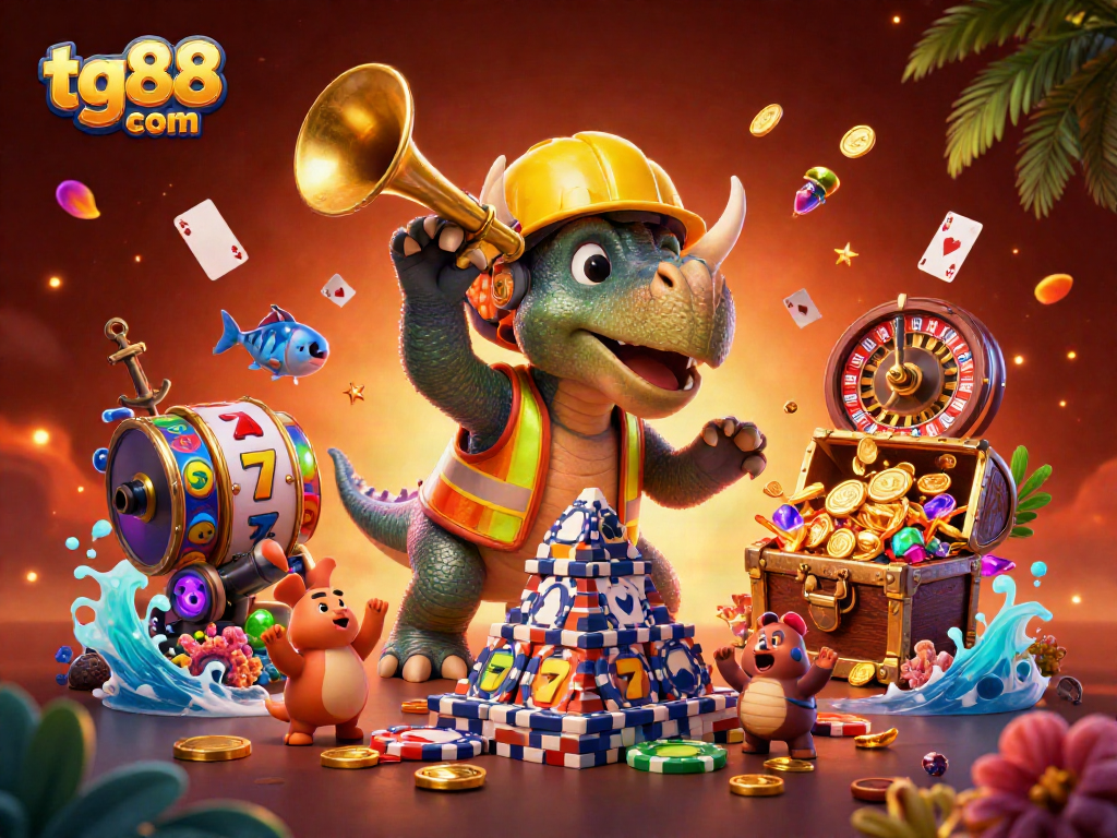 Experience winning odds at tg88 com with 3D characters and vibrant casino elements in a rich illustration.