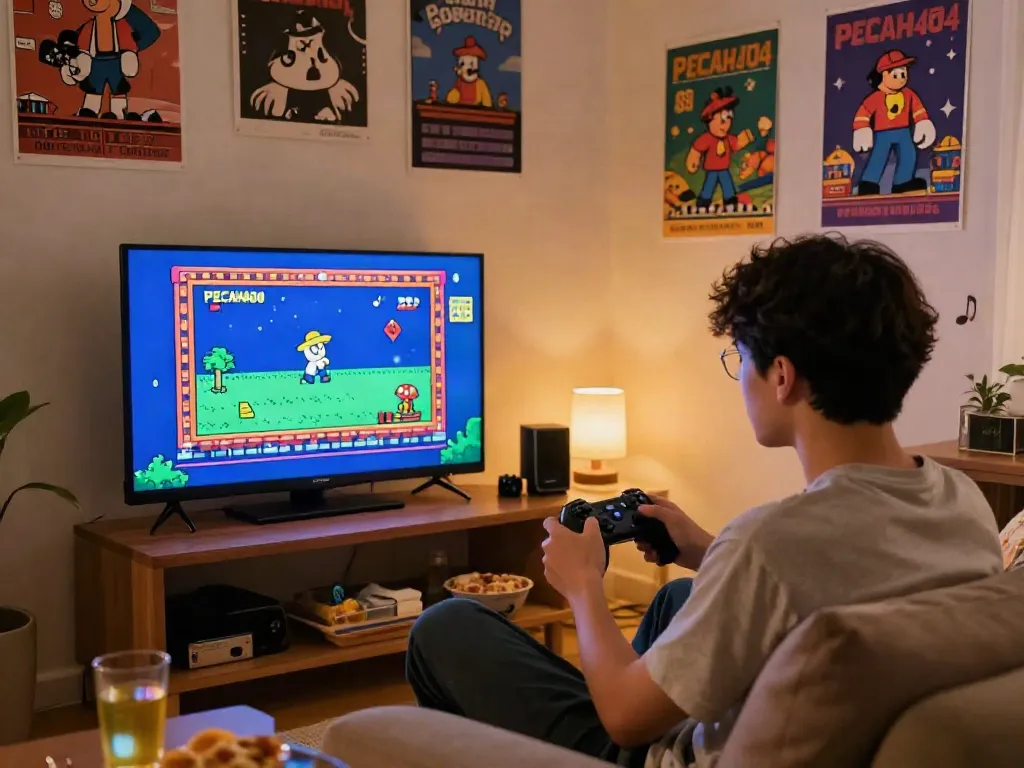 Player enjoying PECAH404 retro gaming in cozy living room, nostalgic decor, vibrant TV graphics.