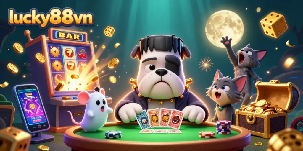 Experience thrilling games at lucky88vn with a vibrant 3D illustration of a casino adventure.