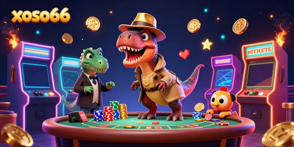 Experience the thrilling world of xoso66 with a sly velociraptor card counter and unique casino elements.